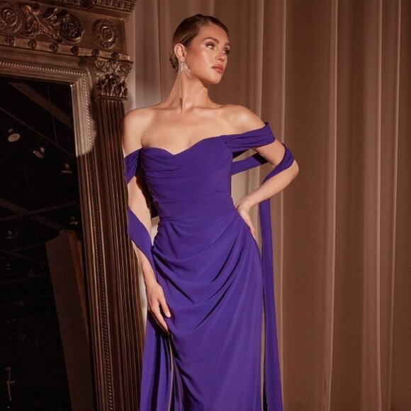 NEW OFF THE SHOULDER LONG SHEATH CHIFFON DRESS W/ SCOOP NECKLINE & TIES CD 7433